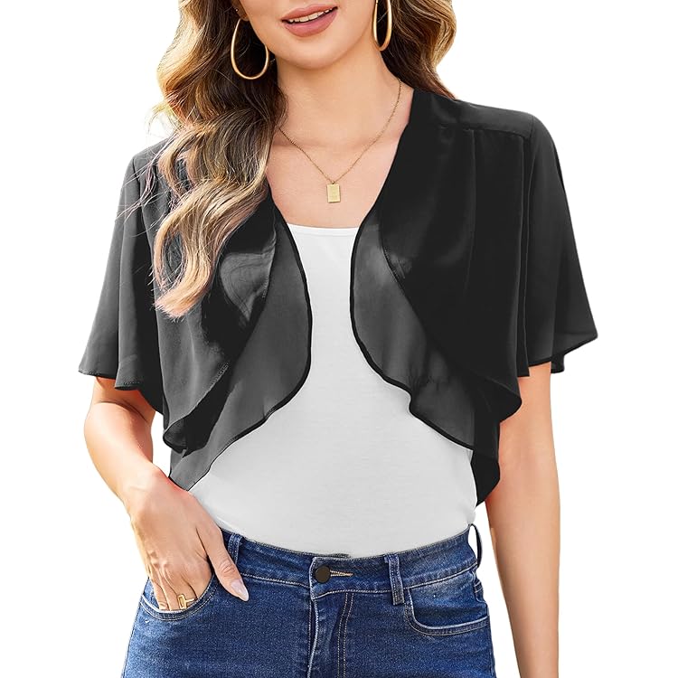 Gilet Femme Chic,Mesdames Mousseline De Soie Boléro Shrugs Tops Courts Élégant Floral Dentelle Demi-Manches Cardigan Ouvert Devant Sheer Shrugs Tops Épaule Veste Cape Soirée Cover Up Pour Robes,Blac
