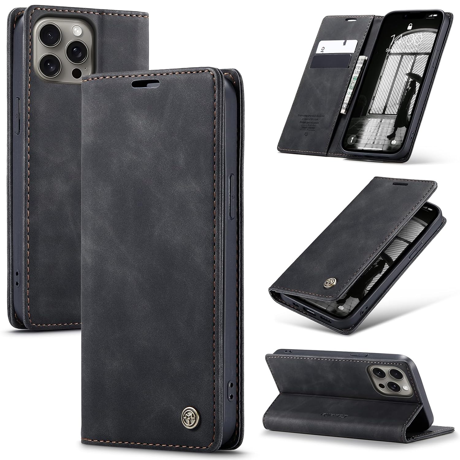 Azororo Beschermhoes voor iPhone 14 ProMax 5G, premium lederen beschermhoes, portefeuille, flip case, magneetsluiting, beschermhoes voor iPhone 14 ProMax, zwart