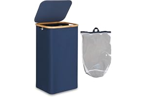 efluky Cesto porta Biancheria Sporca, Porta Biancheria Sporca per Bagno, cesto per panni sporchi XL 100 Litri con Manici in bambù per Vestiti, Pieghevole Cesta Panni Sporchi, Blu
