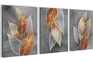 Novart Zestaw obrazów ściennych, abstrakcyjne liście, kompletnie gotowy do zawieszenia, dekoracja salonu, sypialni, korytarza, 3 nowoczesne obrazy, szare, N035435b