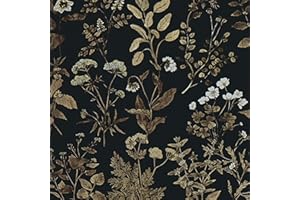 Fiula Tapeta kwiatowa, 44 cm x 20 m, samoprzylepna folia kwiatowa, tapeta samoprzylepna, dekoracyjna folia do mebli, romantyczna, zdejmowana tapeta winylowa, na meble, ściany, blaty, czarno-złota