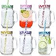 6 X Jam Jar Glasses Mason Handle Lid Straw Juice Drink Glass Drinking 500ml Set