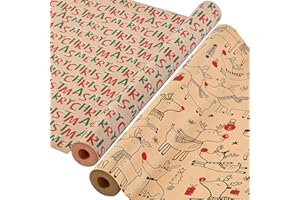 Ahfulife 2 Rollos Papel Regalo Navideño, 43cm x 15M per Rollos Papel Embalaje Navideño Reciclables Caja de Embalaje de Papel Kraft Decoración de Fiesta (M: Alces/Felices Navidades)