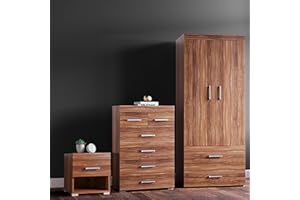 DRP Trading Walnut Effect 3 Piece Bedroom Furniture Set, 1 Drawer Chest, 4+2 Drawers Chest, 2 Door Wardrobe, Complete Bedroom Ensemble, Ideal for Bedroom Organisation, Room Storage, Elegant Decor
