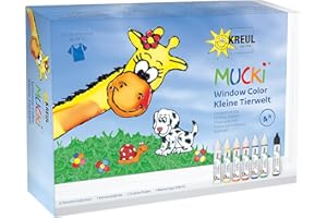 KREUL 24451 - Mucki Window Color Kleine Tierwelt Set per colorare le finestre con 7 matite colorate da 29 ml, fogli di plastica e sagome, vegan, senza glutine, senza lattosio