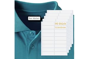 ‎KTRIO KTRIO Namensaufkleber Kinder, Wasserfest, Stark Klebend, Abwaschbar, Langlebige Namensetiketten für Kleidung, 90 Stück (12,5mmX45mm), Weiß