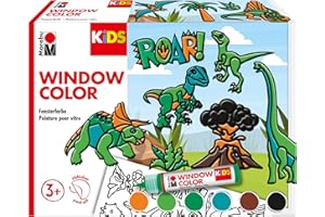 Marabu 306000000004 - KiDS Window Colour Set "Dinosaurios", 6 x 25 ml pintura al agua para ventanas, 2 plantillas para pintar en A3 y A4, 30 motivos, para niños a partir de 3 años