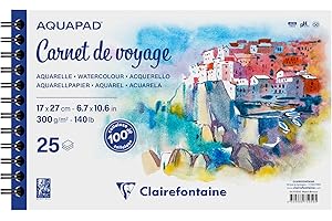 Clairefontaine 975959C - Carnet de Voyage Spiralé Aquapad - 25 Feuilles Papier Aquarelle Blanc Grain Moyen Fin 17x27 cm 300g - Idéal pour les Artistes Globe-trotteurs