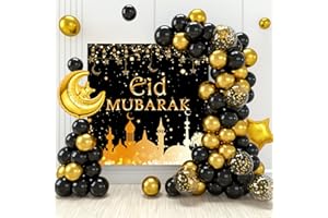 WAYFUN Eid Mubarak Ramadan Décoration Ballons Set, 70 Pièces Ballons en OR Noir et Ballons de Lune étoile Dorée avec Bannière de Fond 'Eid Mubarak' pour la Célébration du Ramadan et de l'Aïd Moubarak