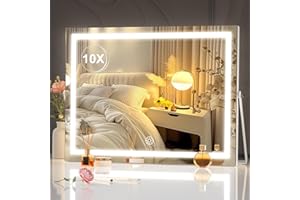Hasipu Kosmetikspiegel mit Beleuchtung, 45 x 35cm LED Schminkspiegel mit 10-facher Vergrößerung, Smart Touch 3 Farben dimmbar, 360ｰ drehbar, weißer