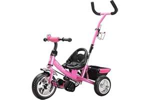 Spielwerk® Dreirad 2in1 mit Schubstange ab 1 Jahr Getränkehalter Kinderdreirad Klappbare Fußablage Baby Buggy Laufrad Kinderwagen Kleinkind Rosa