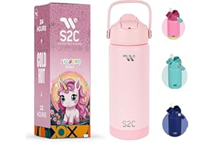 S2C LittleZen Insulated Water Bottle for Kids - 18oz / 550ml BPA-Free Stainless Steel with Leak-Proof Flip-Top Straw Lid - Cute Pastel Colors for School, Sports & Travel (PINK)