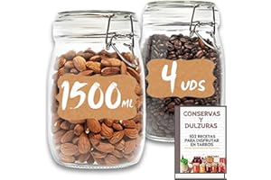 MUNDOTARROS 4 Tarros de Cristal Herméticos 1500 ml – Tarros herméticos de Almacenamiento para Alimentos, Conservación Fresca y Organizada - Incluye Etiquetas + Ebook de 102 Recetas (1,5 litros)