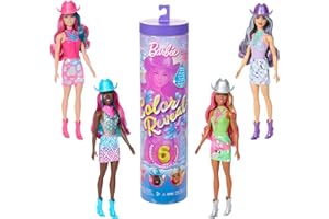 Barbie Color Reveal Seria Disco Kowbojka Lalka i akcesoria, lalka do odkrycia z metaliczną farbką i funkcją zmiany koloru, zestaw z 6 niespodziankami (zawartość zestawów może się różnić), JCP01