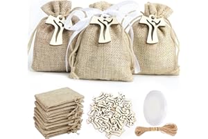 HOLDLEAF 24 Pezzi Sacchetti Iuta Bomboniere Confetti 10x8cm Sacchetti Bustine Iuta+ 24 Croce di Legno+ 20M Corda in Iuta Nastro Raso per Confetti Bomboniere Comunione Battesimo Nascita Cresima