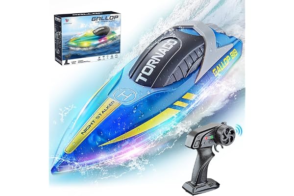JONRRYIN Bateau Télécommandé, Bateau Telecommandé Enfant, RC Bateaux de Course avec Lumières LED pour Piscines et Lacs, 2,4 GHz Haute Vitesse Bateaux avec Alarme de Batterie Faible (Blue)