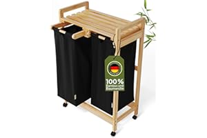 AMBIAVO® Cesto portabiancheria a 2 scomparti con ruote [nero, 100% cotone, bambù, volume 60 l, per biancheria sporca, sistema di smistamento della biancheria, in legno, contenitore per la biancheria,