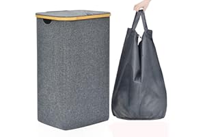 Qupzze Laundry Hamper with Lid, 110L Large Hampers for Laundry with Bamboo Handles and Removable Laundry Bag, Foldable Laundry Baskets with Lid for Bedroom Bathroom (Grey)
