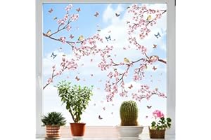 ANHUIB Frühling Deko Fenstersticker,Schmetterling Fensteraufkleber,Blumen Wandtattoo Sticker,Pflanze Wandtattoo Vögel Baum,Rosa Blumen Fensterbild Aufkleber für Wohnzimmer Schlafzimmer Wanddeko