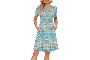 AUSELILY Damska plisowana luźna luźna sukienka z krótkim rękawem i kieszeniami do kolan