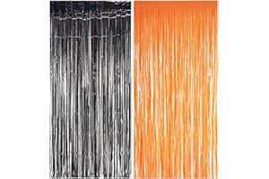 ZHIHUI 2Pcs Metallic Tinsel Foil Fringe Curtains, Black Orange Metallic Tinsel Curtains Aluminum Foil Flow Silk Curtain Background Streamer Birthday Party Wedding Holiday Decoration(3.3 ft x 6.8 ft)