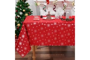Homaxy Christmas Table Cloth Wipe Clean 140x100 cm, Wipeable Rectangle Polyester Red Xmas Tablecloth White Stars, Fabric Washable Table Cover for Dining Party and Festival