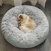 DONWEI Calming Dog Cat Donut Bed, Washable Dog Cat Bed, Small Medium Cat Beds for Indoor Cats, Fluffy Anti Anxiety Puppy Kitt