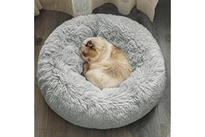 DONWEI Calming Dog Donut Bed for Small Medium Dogs, Washable Dog Bed Cat Beds Fluffy Anti Anxiety Puppy Bed with Non-Slip Bottom, Light Grey, 60x60cm