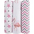 haus & kinder Chevron Stripes Cotton Muslin Swaddle Wrap for New Born Baby (Pack of 3, Star Pink + Flamingo + Pink)