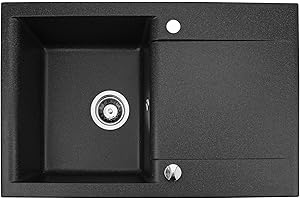 Manestein Spülbecken, Küchenspüle aus Granit, Einbauspüle, Abtropffläche, Einzelbecken mit Siphon, Fleckenbeständig & Pflegeleicht, 80% Quarzsand, 1 Becken, 76 x 44 cm, Graphit - Schwarz Gesprenkelt