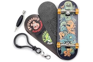 SPITBOARDS 32 x 96 mm Fingerboard Complete Wood Set-Up Assembled, 5 strati, Silver Trucks with Bushings and Nuts, CNC Bearing Wheels in arancione trasparente, Lasered Foam Grip Tape Cute Monster