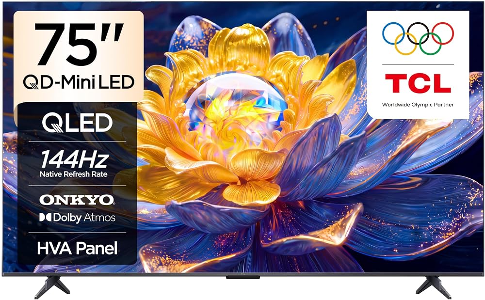 TCL 75 inç Akıllı TV 75Q6C 4K QD-Mini LED Renkli Quantum Crystal HDR10+ Oyun Google TV, 144Hz Doğal Yenileme Hızı, ONKYO 2.1 Hi-Fi Ses Sistemi, Dolby Atmos, Yapay Zekâ Modu, Game Master