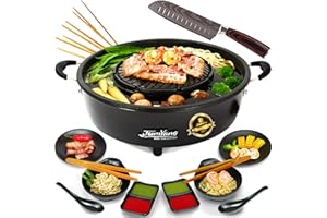 TomYang Elektrischer Hot Pot inkl. Premium Zubehör – Santoku Messer, 6 Grillzangen und Asia Fondue Geschirr für Thai Grill, Korean BBQ Grill, Tischgrill Elektrogrill