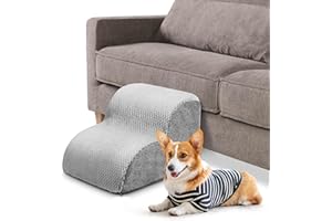 POTUEM Dog Steps for Bed, 2-Step Non-Slip Pet Steps for Small Dogs and Cats, High-Density Foam Dog Stairs with Removable and Washable Plush Cover for Couch, Sofa & Bed, Grey