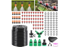 AMBITELLIGENCE Garden Drip Irrigation Kit,164FT/50M Greenhouse Micro automatic Drip Irrigation system Kit with 1/4 inch 1/2 inch Blank Distribution Tubing Hose Adjustable Patio Misting Nozzle Emitters Sprinkler