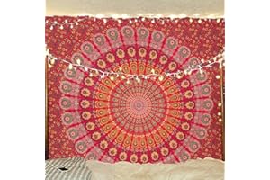 Bless International Tapisserie de literie murale indienne hippie psychédélique psychédélique paon (rouge doré, Taille de reine (84x90 pouces)(215x230 cms))