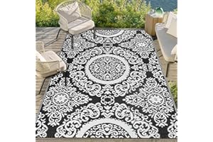 Capslpad Outdoor Rug 120x180cm Recycled Outdoor Patio Rug Waterproof Plastic Straw Rug Reversible Mat Floral Outside Area Rug for Picnic Porch Backyard Balcony Beach Tent Terrace Garden Decor,Black