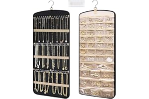 Exojoy Dual-sided Hanging Jewelry Organizer, Jewelry Storage Holder Bag with 39 Clear Pockets and 3 Hooks Jewellery Roll for Necklace Earrings Bracelets (Black)