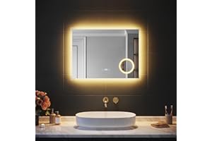 SIRHONA Miroir de Salle de Bain avec Éclairage, Affichage Numérique Écran LED, Miroir avec Une Loupe 3X, Anti-buée, 3 Températures de Couleur, Dimmable, Fonction Mémoire, 80x60cm