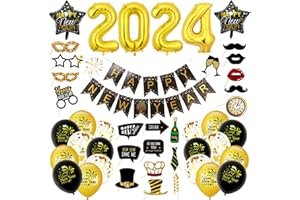 LYNBLY Decorazioni Capodanno 2024, 46 Pezzi Addobbi Capodanno 2024, Festone "Happy New Year", Palloncini 2024, Accessori Foto Booth per il Veglione Cenone di San Silvestro
