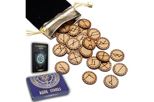 Juego de piedras rúnicas WICCSTAR. 25 piezas grabadas en madera con 5 diseños diferentes y folleto con el significado de las runas