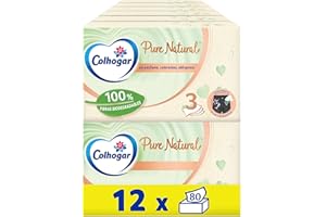 Colhogar Pure Natural 12x80 - Caja de Faciales Suaves Biodegradables - Resistentes a la Lavadora - Hechos con Materiales Reciclados - Caja con 960 Pañuelos Faciales - Color Natural