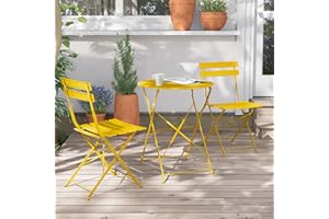 Grand patio Set Bistrot, 1 Tavolo e 2 Sedie, Ripiegabile, Set da Balcone, Struttura in Metallo, Vari Colori,salvaspazio, Set arredo Giardino per Balcone, Esterno (Giallo)