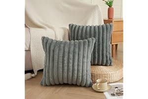 EASE LEAP Grey Cushion Covers 45 x 45 Fluffy Faux Fur Set of 2 Throw Pillow Covers Soft Plush Pillowcases for Sofa Bed Modern Style Home Decor Fluffy Striped Cushion Cover 18x18 Inches