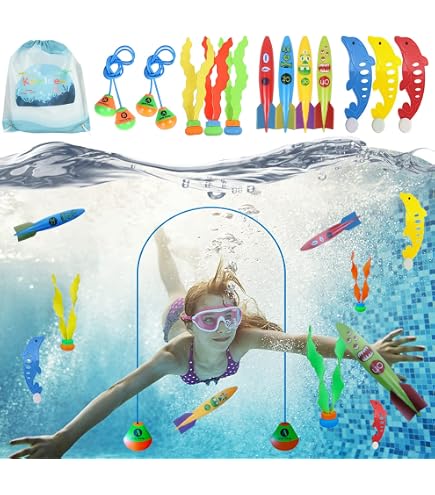 KOHRIUK Jouets de Plongée, Jouet de Natation pour Piscine 48 PCS avec Bâtons de Plongée, Anneaux de Plongée, Torpedo Bandits, Balles de Jouet de