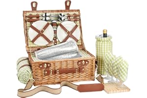 ‎DHAEE Wicker Picknickkorb Set für 4 Person mit Kühlfach und wasserdichte Picknickdecke, Abnehmbarer Riemen, Weinbeutel, Besteck Set, für Camping, Strand, Wandern, BBQ Familie/Paare Geschenke, Zubehör(Green)