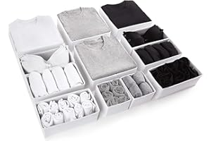 Eco Home Store Drawer Organizer Divider for Clothes, Underwear, Socks, Bras & Accessories – Premium Foldable Cotton Storage Boxes for Bedroom, Wardrobe & Desk – 12 Pack – White