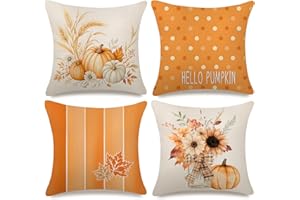 PITMT Federe Cuscini Divano Autunno 45x45cm, 4 Pezzi, Decorativi Autunnale Fodere per Cuscini in Lino con Bouquet di Zucche Cuscini Divano, Decorazioni Autunnali Soggiorno Camera da Letto al Chiuso