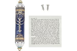 NICENEEDED Mezuzá Pintada A Mano, Objeto de Bendición de Inauguración de la Casa de Cristal Azul, Placa de Mezuzá Esmaltada En Negro Y Dorado Judía