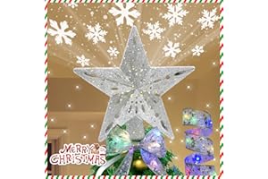 Marsyu Topper de Árbol de Navidad+5 m Luces de Cinta, Decoración para Árbol de Navidad con Forma de Estrella iluminada con proyector de Copo de Nieve LED Giratorio, 3D Plata Brillante Punta de árbol